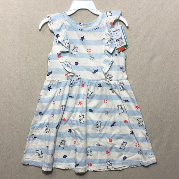 Peppa Pig Dress Girls 4T Blue White Striped Ruffle Sleeve Cotton Blend NEW - Picture 1 of 5